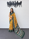Vibrant Yellow Patola Print Saree in Heavy Mall Cotton with Deep Green Traditional Border