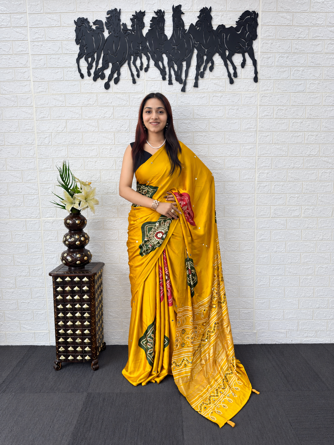 Mustard Glow Japan Satin Silk Saree with Ethnic Bandhani Foil Print and Mirror Work Pallu