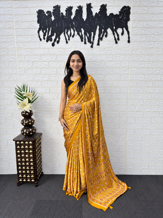 Nyra Royal Mustard Ajrakh Inspired Satin Saree