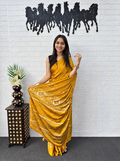 Radiant Mustard Japan Satin Silk Mirror Work Saree