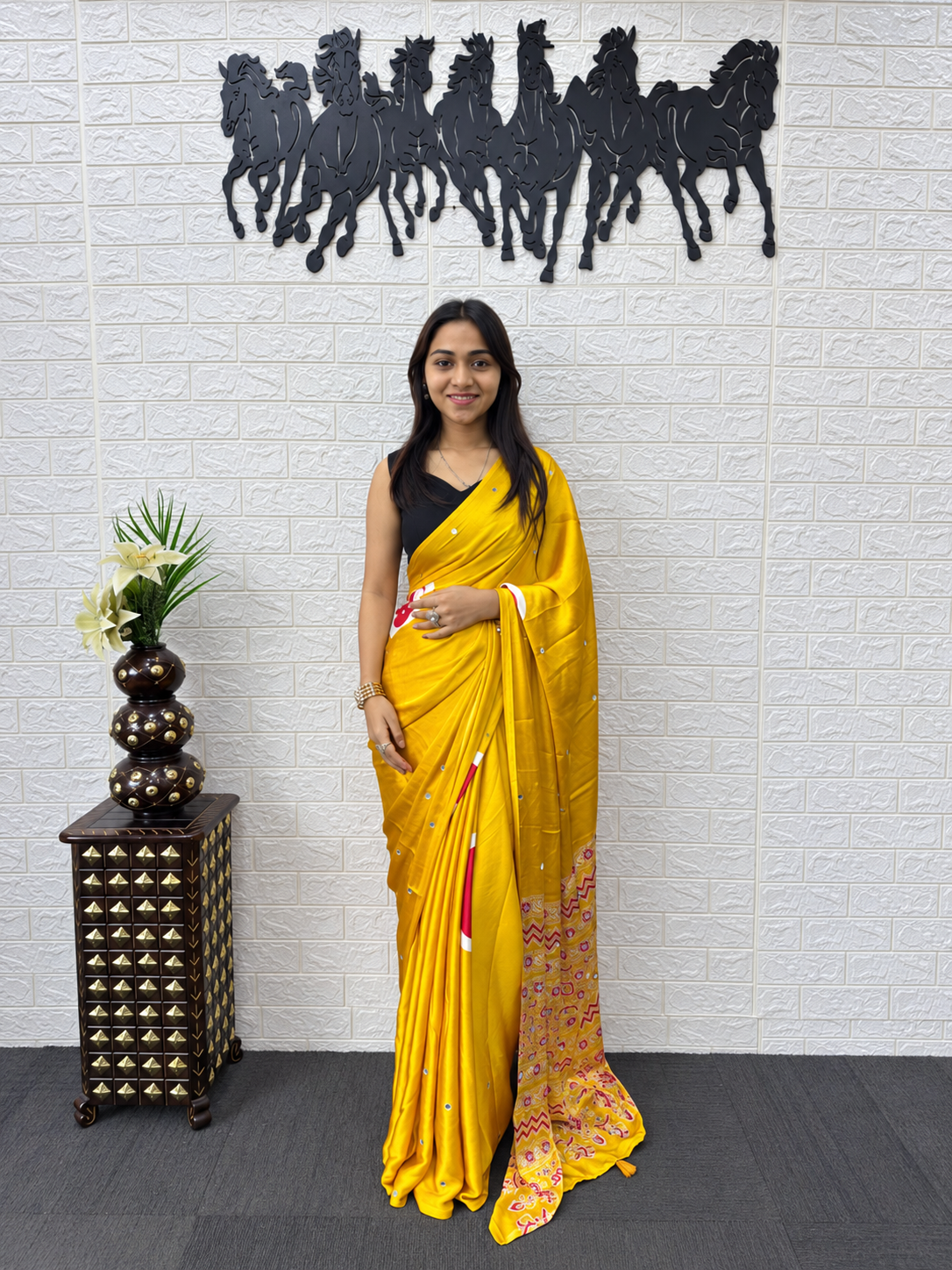 Marigold Magic Heavy Mirror Work Japan Satin Silk Saree with Designer Latkan