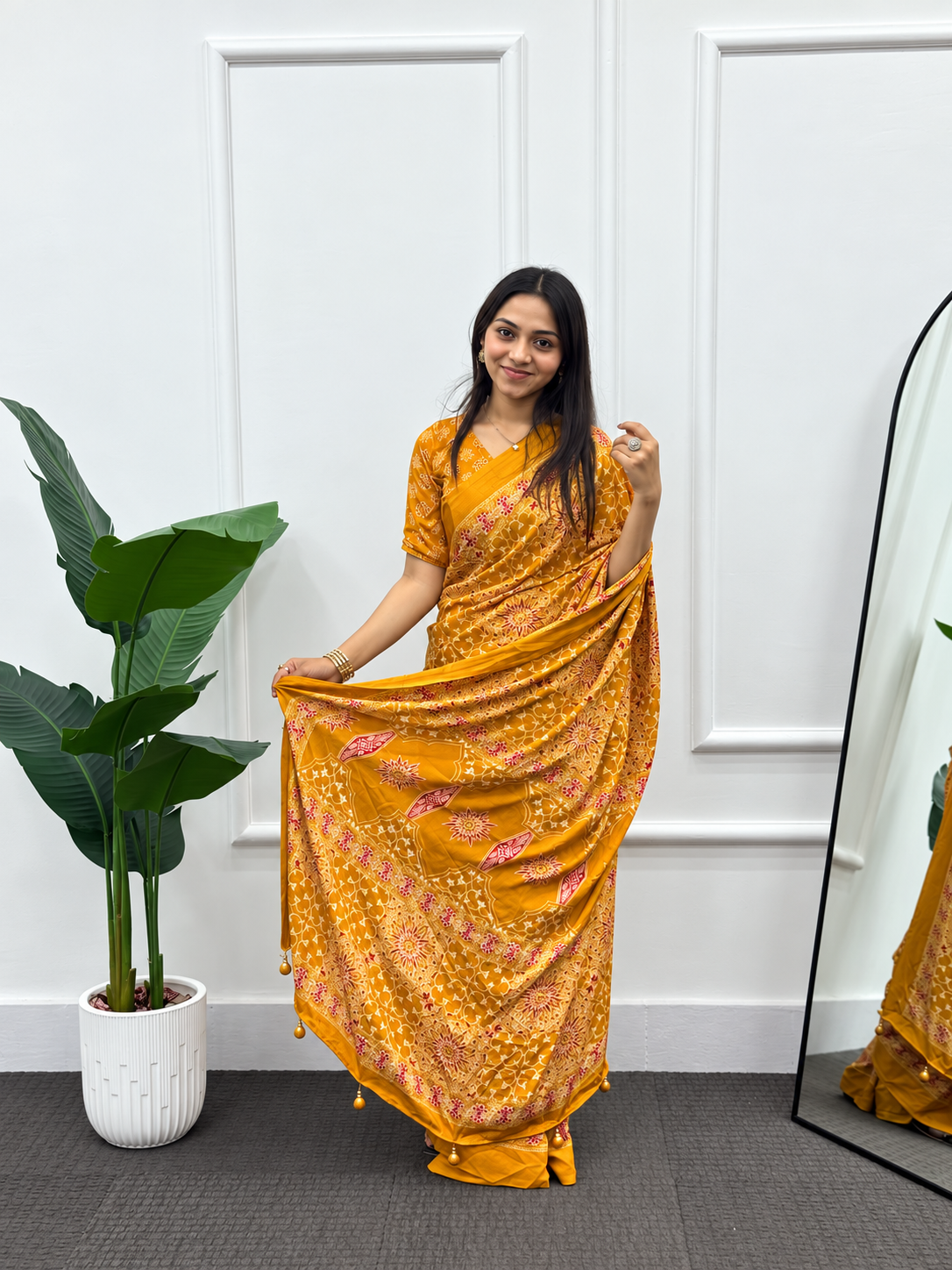 Sunlit Mustard Opulence All-Over Printed Silk Saree