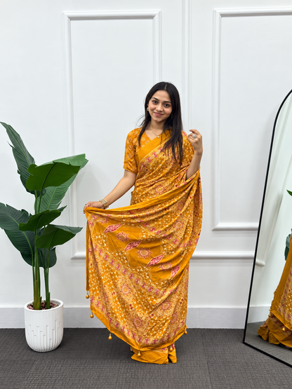 Sunlit Mustard Opulence All-Over Printed Silk Saree