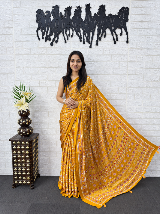 Nyra Royal Mustard Ajrakh Inspired Satin Saree