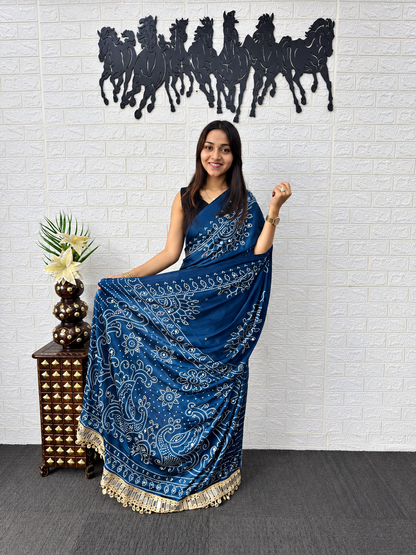 Deep Sapphire Blue Japan Satin Silk Semi Gajji Bandhani Saree