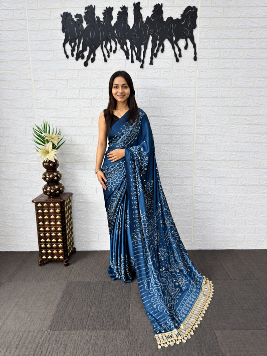 Deep Sapphire Blue Japan Satin Silk Semi Gajji Bandhani Saree
