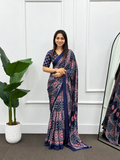 Kavya Luxury  Elegant Navy Blue Printed Crepe Silk Saree With Ethnic Border