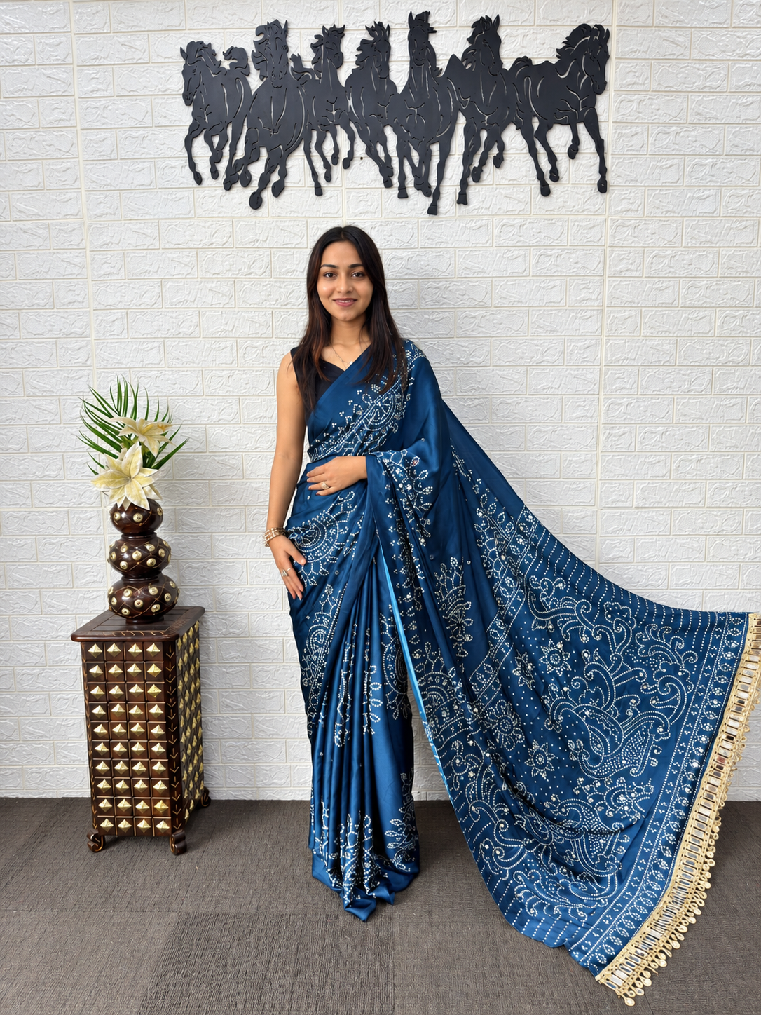 Deep Sapphire Blue Japan Satin Silk Semi Gajji Bandhani Saree