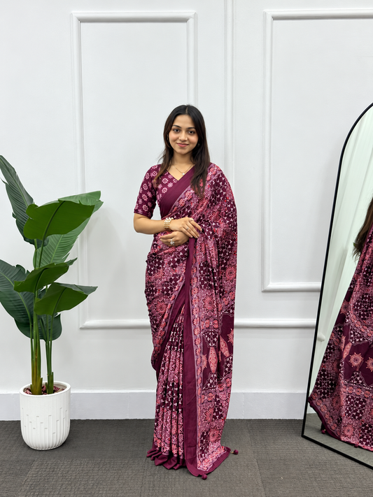 Splendid Burgundy Crepe Silk Saree With Ethnic Blouse Piece