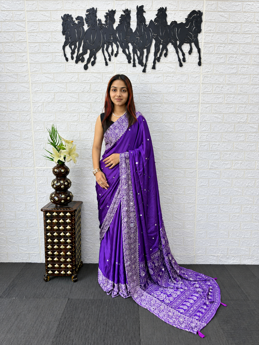 Meera High Density Mirror Work Satin Saree with Contrast Geometric Motif Pallu