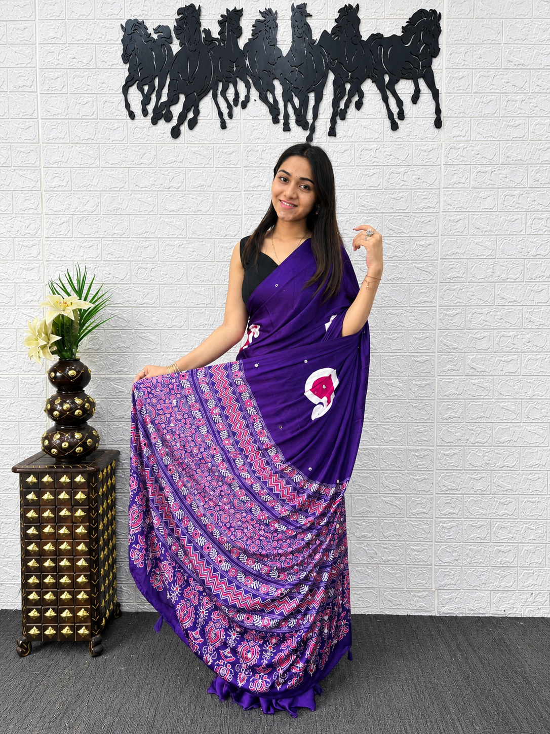 Celeb Inspired Deep Purple Satin Silk Saree Real Mirror Embellishments & Designer Tassel Pallu
