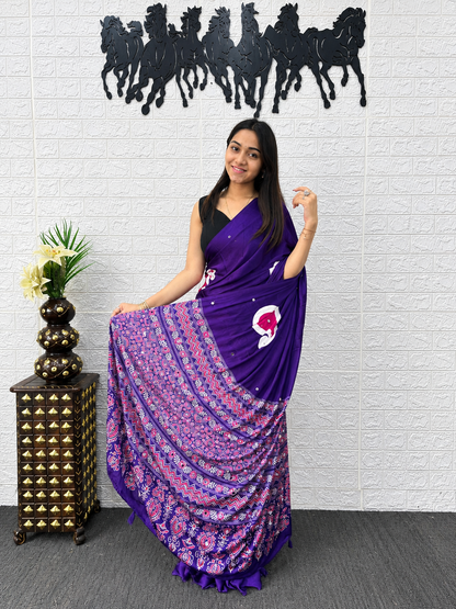 Celeb Inspired Deep Purple Satin Silk Saree Real Mirror Embellishments & Designer Tassel Pallu
