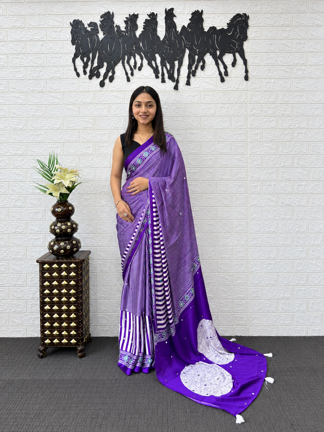 Couture Stripe Saree in Regal Violet: Premium Japan Satin Silk Saree