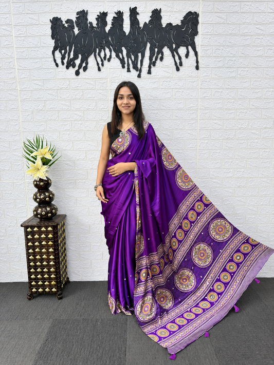 Aarohi Luxurious Royal Purple Japan Satin Silk Saree with Heavy Mirror Embellishments & Viscose Latkan Pallu