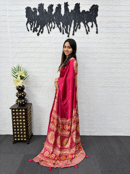 Aadhya  Premium Wine Japan Satin Silk Saree with Heavy Mirror Work & Elegant Viscose Latkan Pallu