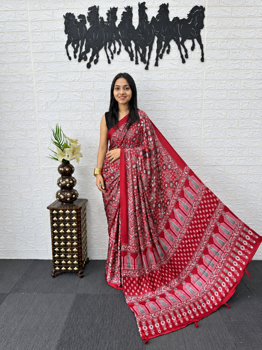 Marvellous Maroon Red Japan Satin Silk Saree With Unique Blouse Piece