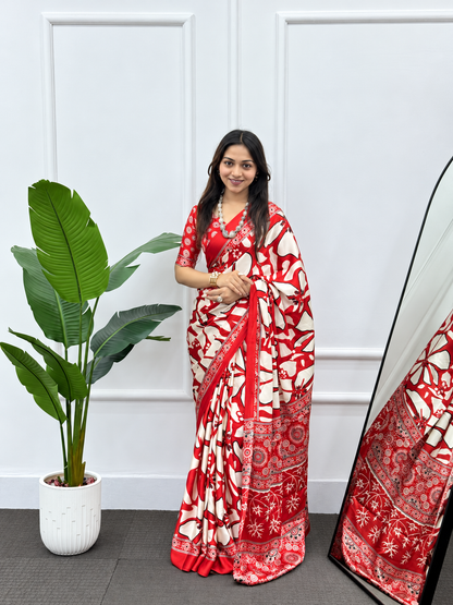 Crimson Flora Premium Japan Satin Silk Saree with Heavy Latkan Pallu