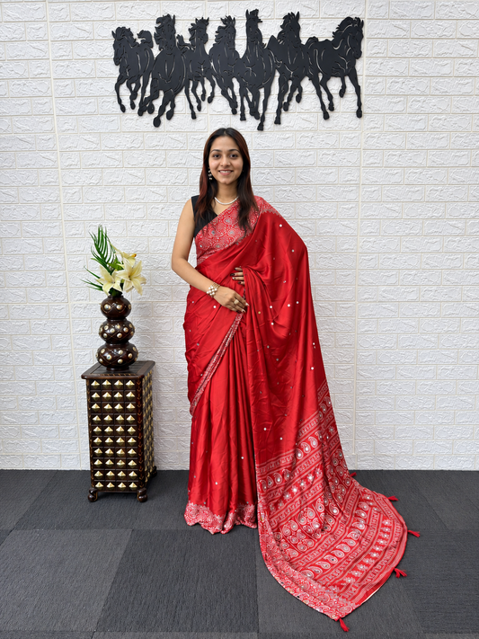 The Grand Liquid Japan Satin Silk Saree Mirror Work & Viscose Latkans
