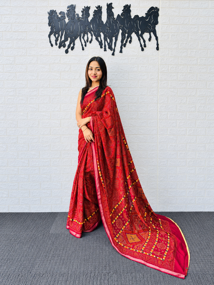 Luxury Heavy Mal Mal Cotton Printed Saree in Deep Red with Rich Traditional Border Work