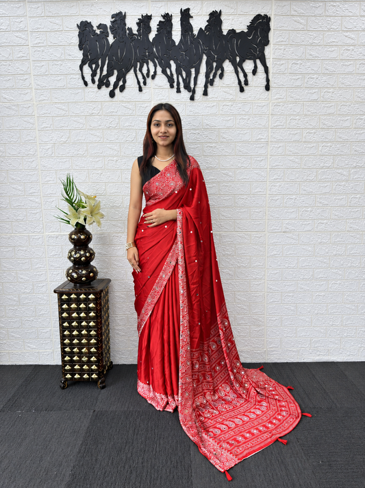 The Grand Liquid Japan Satin Silk Saree Mirror Work & Viscose Latkans