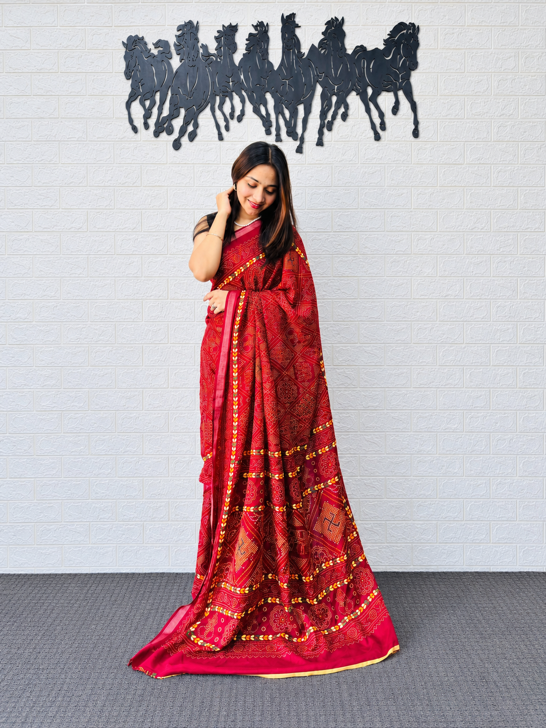 Luxury Heavy Mal Mal Cotton Printed Saree in Deep Red with Rich Traditional Border Work