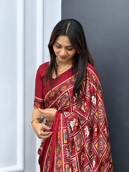 The Shubh Vivah Maroon Premium Japan Satin Silk Saree