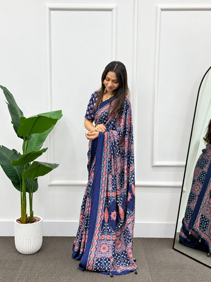 Kavya Luxury  Elegant Navy Blue Printed Crepe Silk Saree With Ethnic Border