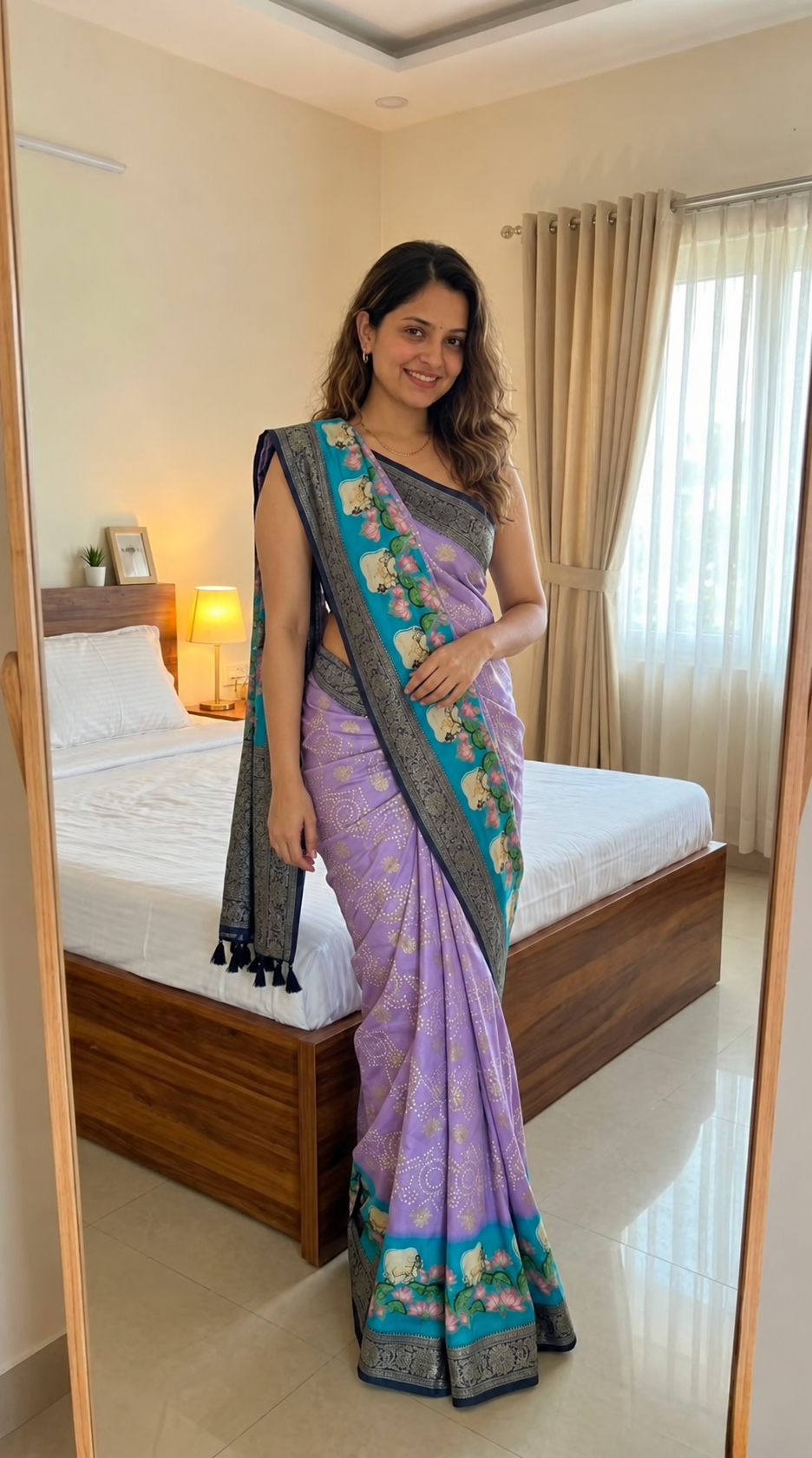 Lavender Bandhani Saree with Kanchi Pattu Zari Border & Fusion Pallu