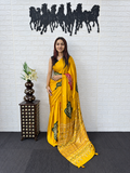 Mustard Glow Japan Satin Silk Saree with Ethnic Bandhani Foil Print and Mirror Work Pallu