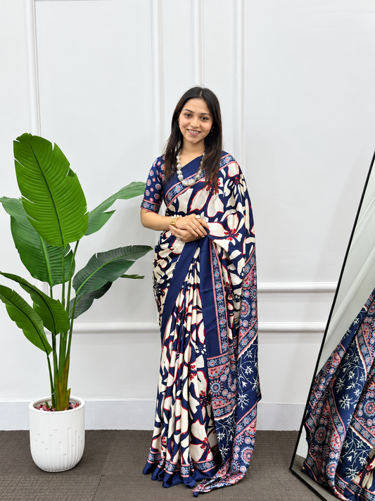 Couture Fluid Japan Satin Silk Saree Elegant Designer Latkan Pallu