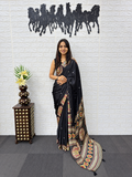 The Royal Luxury Black Japan Satin Silk Saree featuring Heavy Mirror Work & Designer Viscose Pallu