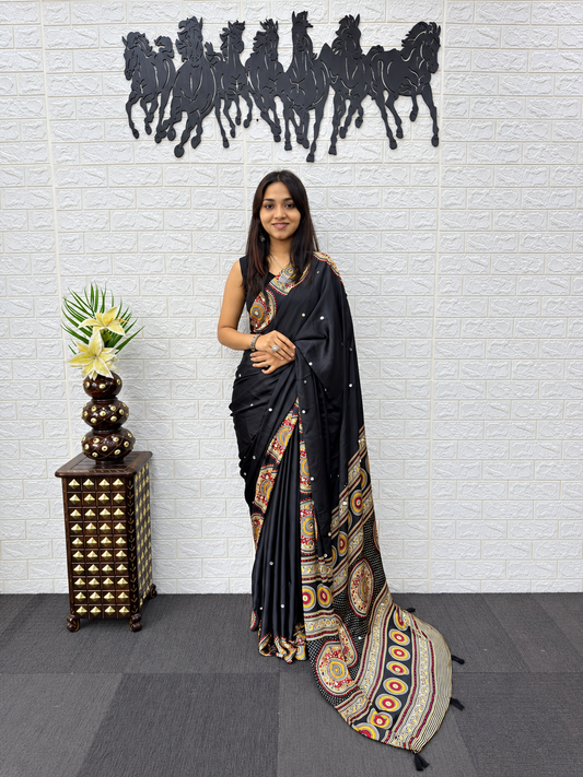 The Royal Luxury Black Japan Satin Silk Saree featuring Heavy Mirror Work & Designer Viscose Pallu