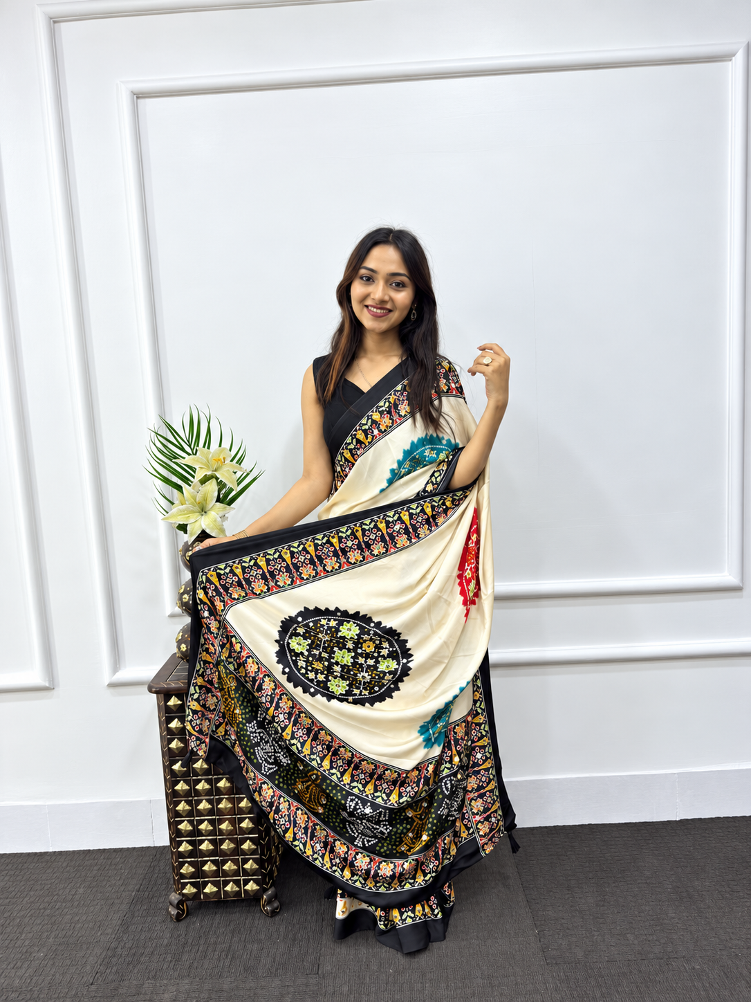 Designer Cream Japan Satin Silk Print Saree with Heavy Mirror Embellished Border and Viscose Latkan Pallu