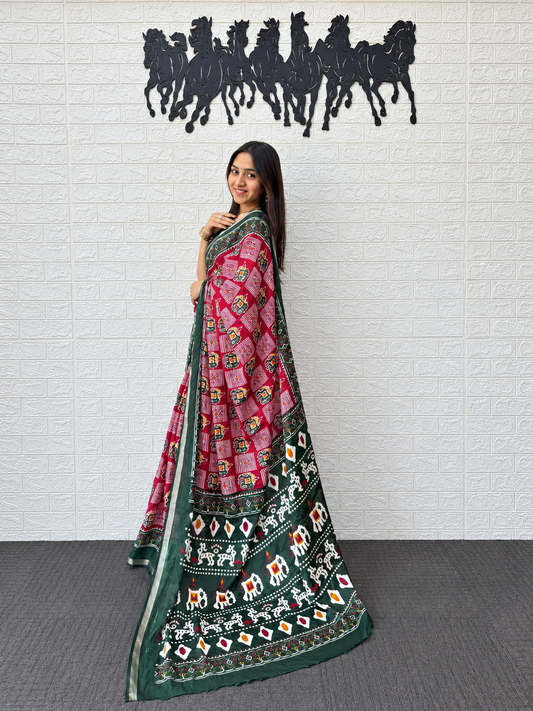 Elegant Maroon Patola Print Saree in Heavy Mall Cotton with Deep Green Traditional Border