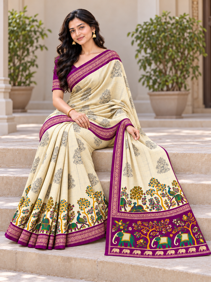 Vrinda Cream and Purple Saree with Floral Trees and Elephant Prints