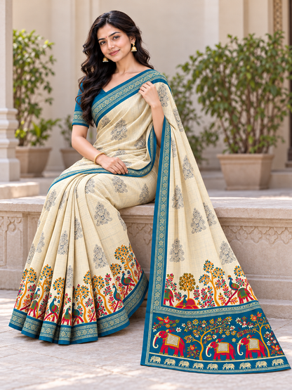 Rangrekha Cream Saree with Colourful Statement Pallu