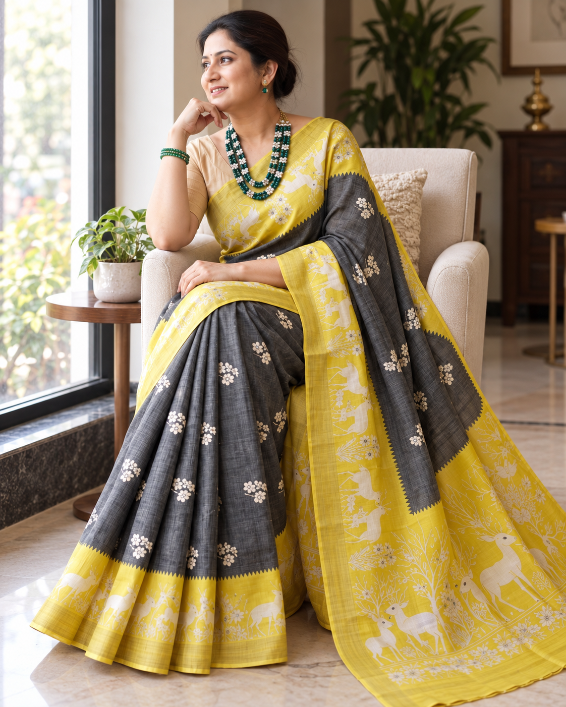 Royal Sunshine Yellow & Black Heritage Saree with Traditional Floral and Artistic Pallu