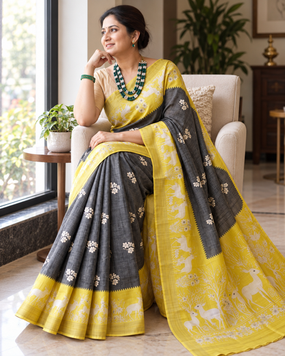 Royal Sunshine Yellow & Black Heritage Saree with Traditional Floral and Artistic Pallu
