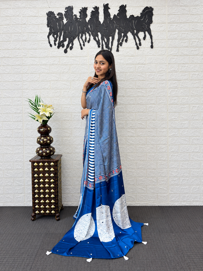 The Kavya Oceanfront Premium Midnight Blue Linear Satin Saree