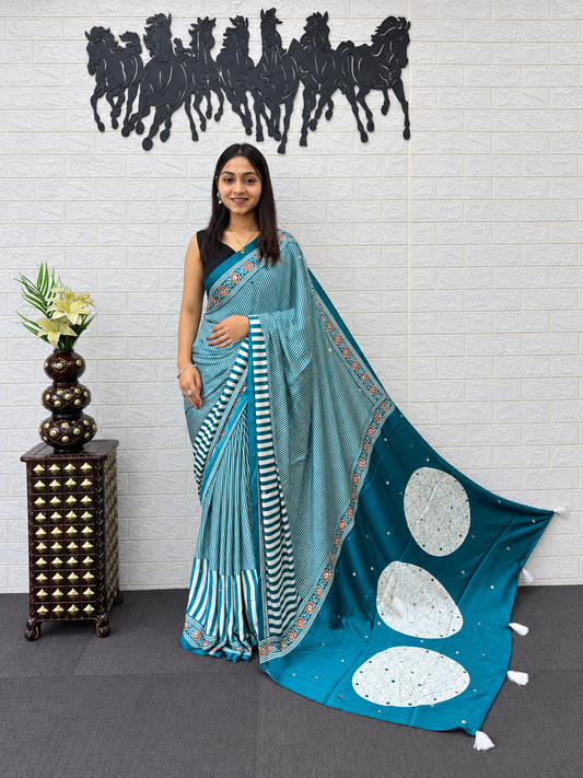 The Shanaya Peacock Illusion Luxury Teal Blue Striped Satin Silk Saree