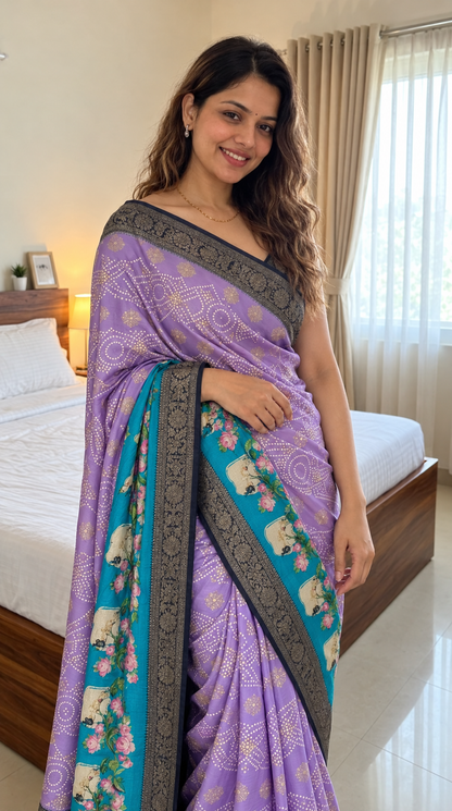 Lavender Bandhani Saree with Kanchi Pattu Zari Border & Fusion Pallu