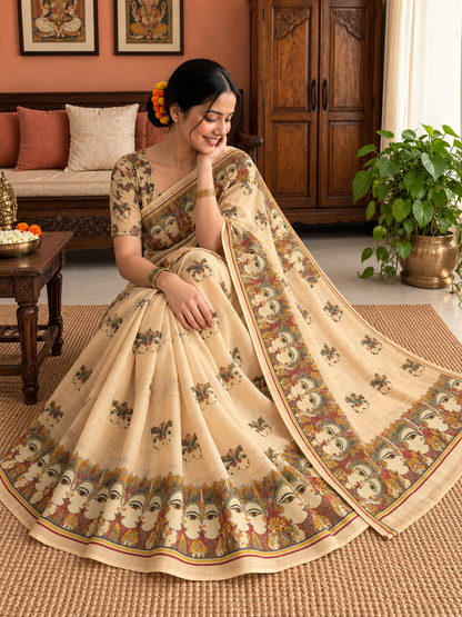 Royal Heritage Beige Radha Krishna Kalamkari Art Print Saree with Traditional Designer Border