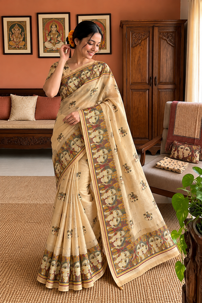 Royal Heritage Beige Radha Krishna Kalamkari Art Print Saree with Traditional Designer Border
