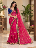 Royal Rani Pink Floral Embroidered Luxury Saree with Contrast Navy Blouse