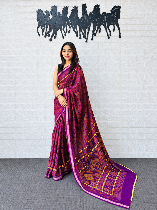 Imperial Violet Traditional Bandhani Lattice Print Heavy Mal Cotton Saree