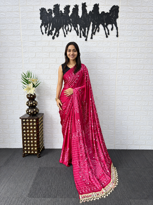 The Bandhej Chronicle Semi Gajji Satin Saree with Peacock Motif Pallu