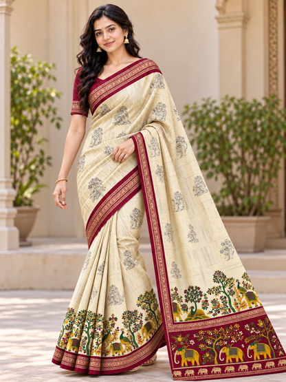 Aarohi Cream & Maroon Saree with Artistic Peacock and Elephant Motifs, Floral Detailing and Gold-Toned Border