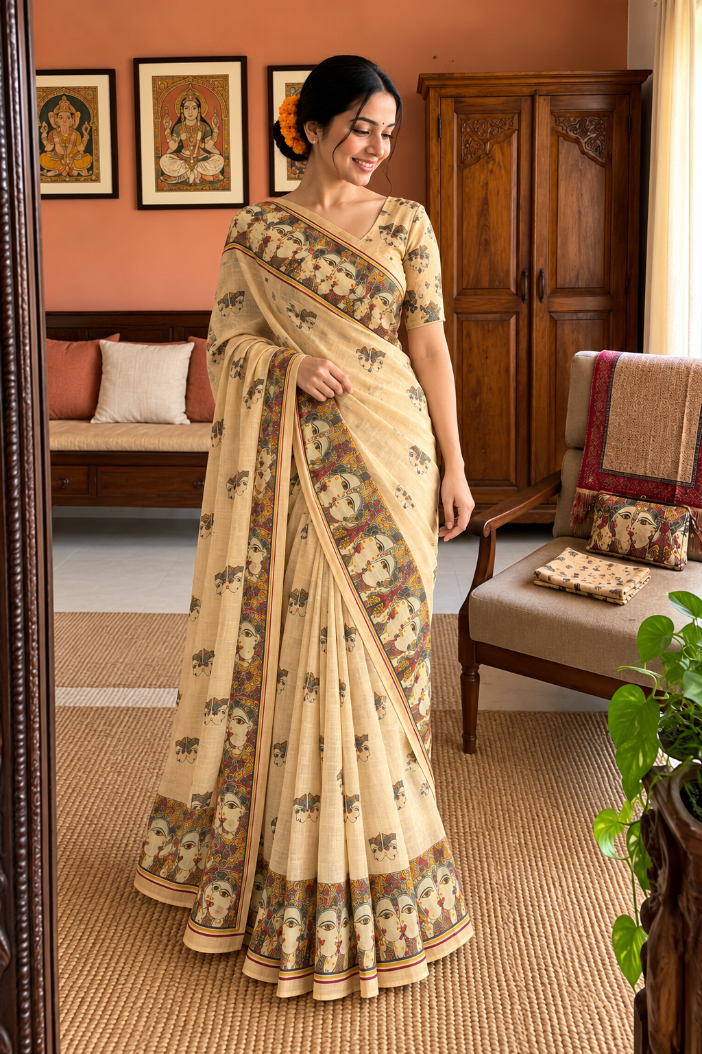 Royal Heritage Beige Radha Krishna Kalamkari Art Print Saree with Traditional Designer Border