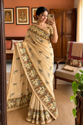 Royal Heritage Beige Radha Krishna Kalamkari Art Print Saree with Traditional Designer Border