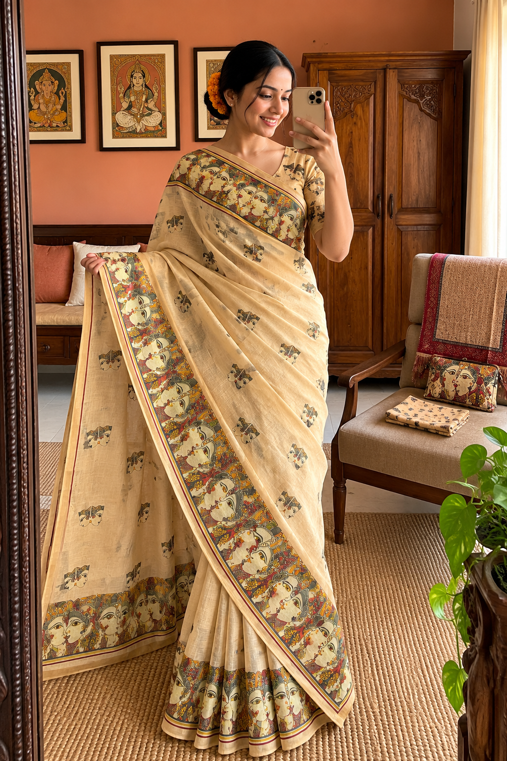 Royal Heritage Beige Radha Krishna Kalamkari Art Print Saree with Traditional Designer Border